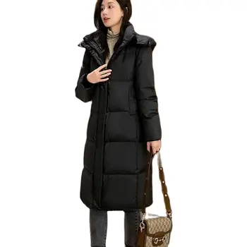 Moda şişme ceket kadınlar Orta uzunlukta Over-the-diz Gevşek Ve Patlayıcı Tarzı Düz Kapşonlu Beyaz Ördek Aşağı Kış Ceket