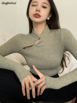 Modern Çin Tarzı T-Shirt Kadın Uzun Kollu Triko Yeni İnce Basit Ins Seksi Bayanlar Tüm Maç Moda Estetik Y2k Giysileri