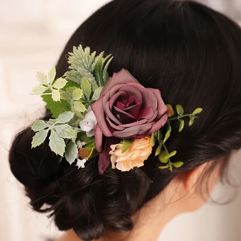 Mor Gül Çiçek Gelin Saç Tarak Yaprak Zarif Kadın Headpieces Kız Süs Düğün saç aksesuarları Gelin Şapkalar