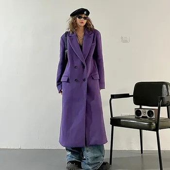 Orta Uzunlukta Mor Sahte Yünlü Kumaş Ceket Sonbahar Kış Gevşek Takım Elbise Yaka Kruvaze Yün Giyim Corta Vento Feminina