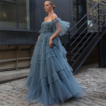 Peri Koyu Mavi A-Line Balo Elbise Zarif Sevgiliye Ayrılabilir Kollu Pageant Elbise Katmanlı Ruffles Tül Uzun Fotoğraf Çekimi Kıyafeti