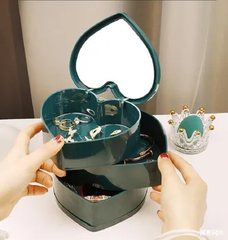 Plastik Dönebilen 3 Kat Takı saklama kutusu Kalp Şeklinde Takı Standı Küpe Yüzük Konteyner Depolama Rafı Ayna İle