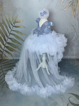 Pullu Çiçek Kız Elbise Kabarık Prenses Elbise Ayrılabilir Tren Sevimli çocuk Elbise Kız Doğum Günü Partisi Elbisesi İlk Communion