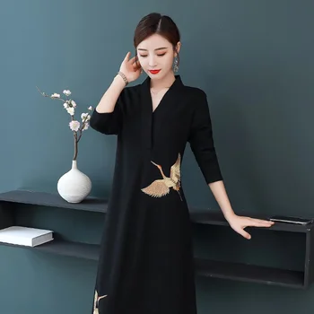 Qipao Geleneksel Çin Oryantal Elbise Kadın Vinç Nakış Modern Çin Cheongsam Qi Pao Kadın Bayanlar Asya Elbise FF2538