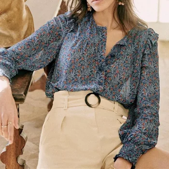 Ruffles Trim kadın Vintage Çiçekli Bluz Erken Sonbahar Uzun Kollu Bayanlar Tek Göğüslü %100 % İpek Zarif Gömlek ve Üstleri