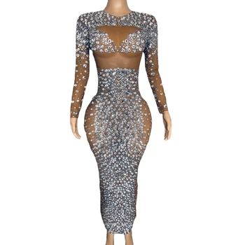 Seksi Örgü Şeffaf Doğum Günü Kutlamak Akşam Balo elbisesi Elbise Sparkly Rhinestones Kristaller Kahverengi uzun elbise Kadın Sahne Giyim