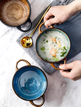 Seramik Pişmiş pirinç kasesi Mutfak çorba saplı kase Ev kahvaltılık gevrek Kase Japon Retro Fırın Sırlı Sofra