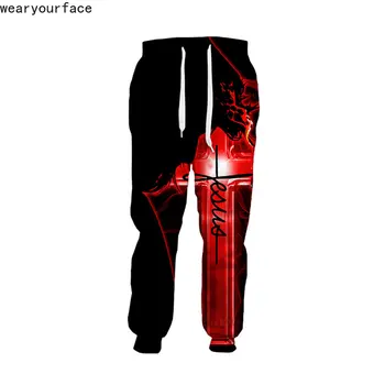 Siyah Kırmızı İsa Sweatpants 3D Tüm Baskı Tam Boy Joggers Pantolon Hipster Moda Casual Streetwear Erkekler Unisex Giyim