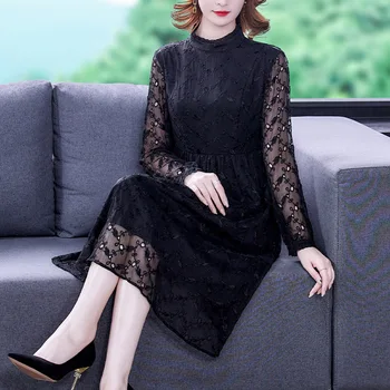 Siyah Nakış İpek Elbise 2023 Bahar Yeni İpek Düz Renk Dantel Orta uzunlukta Elbise Orean Vintage Parti Moda Zarif Elbiseler