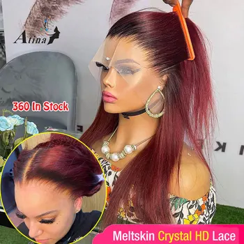 Skinlike Kristal HD 360 Tam Dantel ön peruk Kırmızı 13x6 Şeffaf dantel ön peruk insan saçı Bordo Renkli Kadınlar Düz