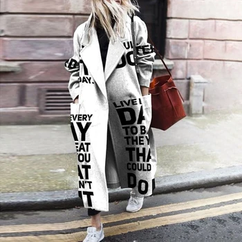 Sonbahar Kış Zarif Kadın Moda Yaka Yaka Düğmesi Uzun Üstleri Dış Giyim Rahat Desen Renkli Baskı Patchwork Hırka Mont