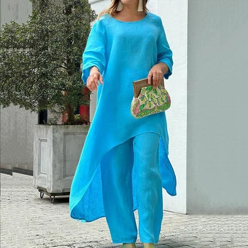 Sonbahar Moda Pamuk Keten İki parçalı Set Rahat Katı Kıyafet Kadın O Boyun Uzun Kollu Üst + Geniş Bacak Pantolon Düzensiz Gevşek Takım Elbise