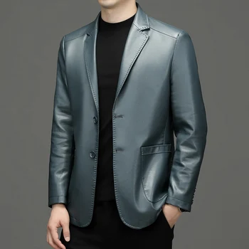 Sonbahar ve İlkbahar erkek deri ceketler 2023 Yeni Erkek Moda Slim Fit Kore Takım Elbise Yaka Yaka İş Rahat Deri Ceket