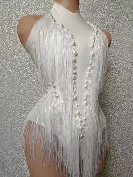 Sparkly Rhinestones Sequins Püskül Leotard Kadın Gece Kulübü Kıyafet Şarkıcı Dansçı Kostüm Sahne Giyim Seksi Performans Bodysuit