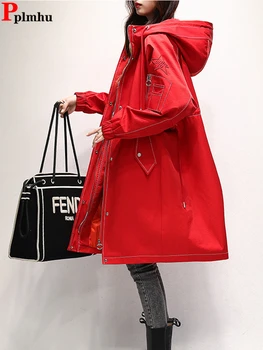Streetwear Gevşek Kapşonlu Kargo Siper Ceket İpli Kadın Rüzgarlık Kore Büyük Boy 4xl Gabardina Bahar Rahat Mont Yeni