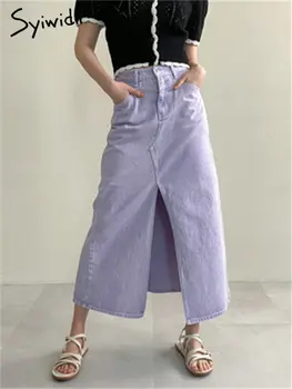 Syiwidii Mor Bölünmüş Kot Etek Kadınlar için Yeni Yüksek Wiasted Vintage Bir Çizgi Rahat Uzun Etekler Kore Moda Zarif Y2k Etek