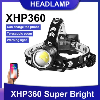 Süper XHP360 Far LED Şarj Edilebilir Kafa Feneri Yüksek Güç Far Güçlü Fener Balıkçılık Kamp Uzun Atış Kafa Lambası