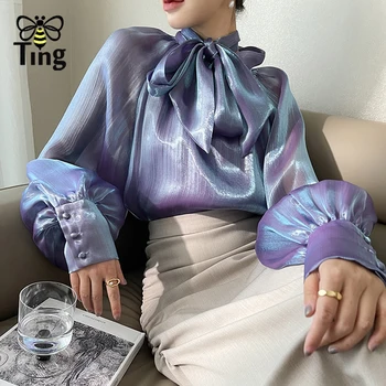 Tingfly Bahar Yaz Tasarımcı Ilmek Moda Bluzlar Kadınlar Uzun Fener Kollu Chic Hafif Blusas Sevimli Gömlek Tops