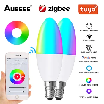 TUYA Zigbee Akıllı Şamdan Avrupa Ampul E14 100-240V RGB+C+W LED mum Ampul İle Çalışmak Google Ev Yandex Alice