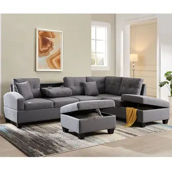 U şekli kumaş kendinden kanepe modern oturma odası koltuk takımı Depolama şezlong osmanlı yumuşak yastık 3 kutu Keten köşe kanepe