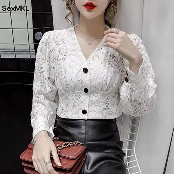 Vintage dantel üstler Kadınlar 2023 Zarif Moda Giyim V Boyun Beyaz Siyah Bluzlar Kore Hollow Out Seksi Puf Kollu y2k Gömlek