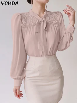 VONDA Zarif Dantel Gömlek 2023 Yaz Parti Üstleri Kadın Uzun Puf Kollu Yay Bluzlar Patchwork Katı Tunik Moda Casual Blusas