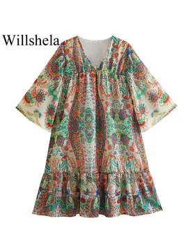 Willshela Kadın Moda Baskılı Pilili Gevşek Mini Elbise Vintage V Yaka Yarım Kollu Kadın Şık kadın elbiseleri