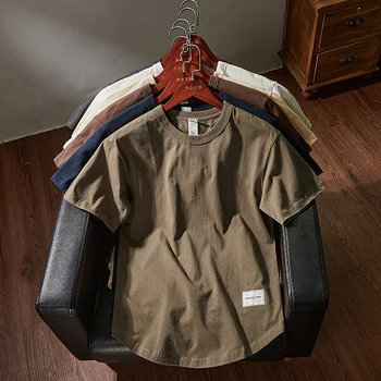 Yaz Amerikan Retro 300g Ağır Yarım kollu O-Boyun Düz Renk T-shirt erkek Basit %100 % Pamuk Yıkanmış Eski Casual Tops