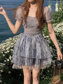 Yaz Dantel Boho Baskı Elbise Kadın Şifon Kawaii Parti Mini Elbise Kadın Rahat Seksi Kore Moda Tatlı Zarif Elbise 2023