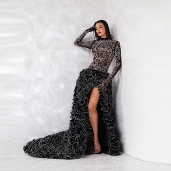 Yeni Tasarımcı Siyah Ruffles Balo Abiye Moda Yüksek Boyun Tam Kollu Olay Elbiseler Yan Yarık Lush Organze Akşam Parti Elbise