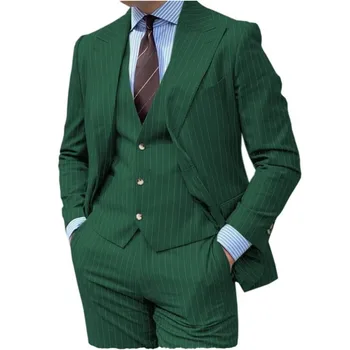 Yeni Varış Yeşil Şerit Erkek Takım Elbise Doruğa Yaka Düğün Damat Smokin Terno Masculino Slim Fit Kostüm Homme Blazer 3 adet