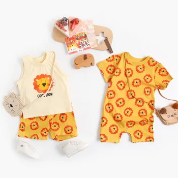 Yenidoğan Aslan Giysileri Setleri Erkek Bebek Yelek + kısa 2 adet Takım Elbise Yaz Ins Karikatür Kız Giysileri 0 - 36M Bebek Kıyafetleri