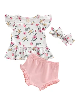 Yenidoğan Bebek Kız Giysileri T-Shirt Kısa Setleri Fırfır Çiçek yaz kıyafetleri Kafa Bandı 3 adet