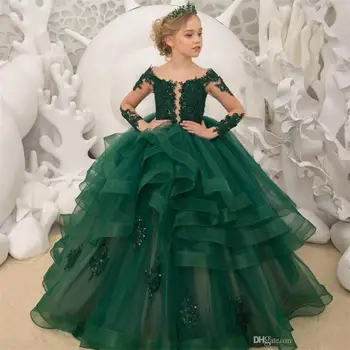 Yeşil Çiçek Kız Elbise Scoop Boyun Aplike Boncuklu Uzun Kollu Kız Pageant Törenlerinde Fırfır Katmanlı Sweep Tren Birthda