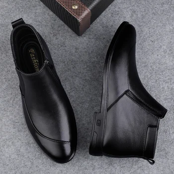 Yüksek Kaliteli Erkek Kış Ayakkabı Moda Kaymaz yarım çizmeler Erkekler için Hakiki Deri Erkek Chelsea Çizmeler İngiliz Tarzı erkek ayakkabıları