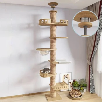 Yüksek kaliteli modern doğal ahşap tabandan tavana kedi tırmalama ağacı uzun kedi ağacı kule evi