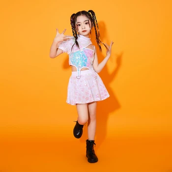 Çocuklar Payetli Gösterisi Kıyafetler Genç Hip Hop Giyim Kırpma Tankı Tshirt Etek Mini Kızlar için Serin Caz dans kostümü Elbise 3 ADET