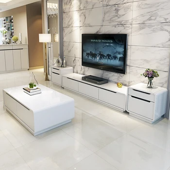 Basit beyaz piyano boya TV dolabı sehpa ve küçük boyutlu temperli cam katı ahşap oturma odası kombinasyonu