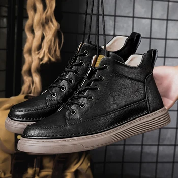 Ilkbahar Sonbahar Erkek Hakiki Deri yarım çizmeler Siyah Sneakers Yüksek Top Paten Ayakkabı Erkekler rahat ayakkabılar El Yapımı Lüks Çizmeler Adam