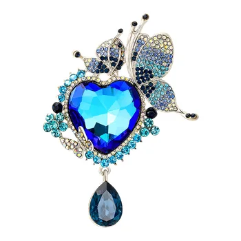 Kadın Moda Büyük Kalp Mavi Kristal Sevimli Kelebek Broş Kadınlar İçin Lüks Gümüş Renk Alaşım Hayvan Broş Emniyet Pimleri