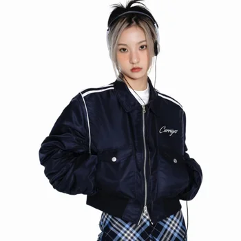 Moda Y2k Ceket 2023 Ropa Mujer Harajuku Ceketler Kadınlar için Uzun Kollu Casual Fermuar Mektup Nakış Dış Giyim Vintage Kore