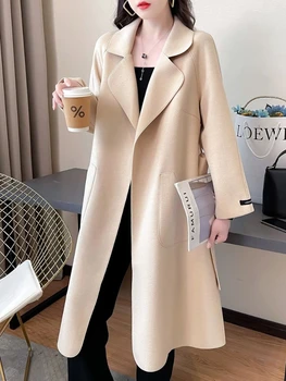 Tüvit Ceket Yün Ceket Elegance Trençkot Kadın Kemer Gevşek Uzun Ceketler Yeni Kadın Kış Giyim 2023 Kore Moda