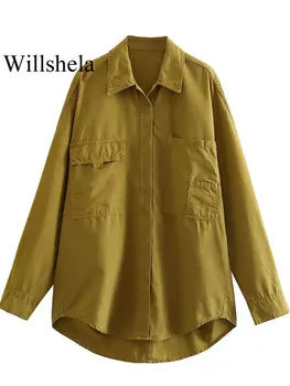 Willshela Kadın Moda Cepler Ile Ordu Yeşil Tek Göğüslü Gömlek Ceketler Vintage Yaka Boyun Uzun Kollu Kadın Şık Mont