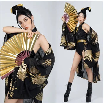 Yetişkin Çin Tarzı Caz dans kostümü Büyük Kollu Ceket Siyah Kutup Dans Kıyafeti Gece Kulübü Gogo Dans Performansı Giyim