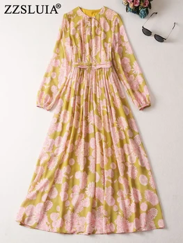 ZZSLUIA Zarif Elbiseler Kadınlar Için Çiçek Baskılı Büzgü Tasarımcı Ince uzun elbise Moda Fener Kollu Vintage Elbiseler Kadın
